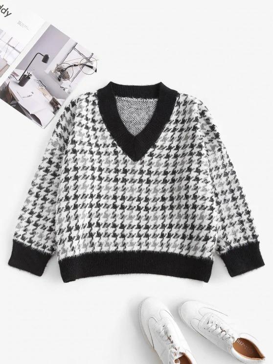 Houndstooth Fuzzy Loose Sweater - LuckyFash™