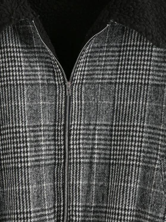 Houndstooth Plaid Teddy Lined Drop Shoulder Jacket - LuckyFash™