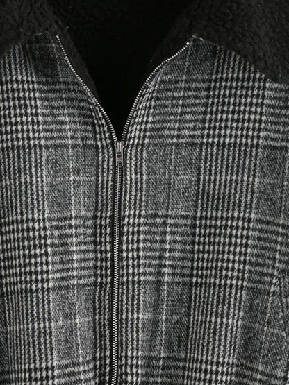 Houndstooth Plaid Teddy Lined Drop Shoulder Jacket - LuckyFash™