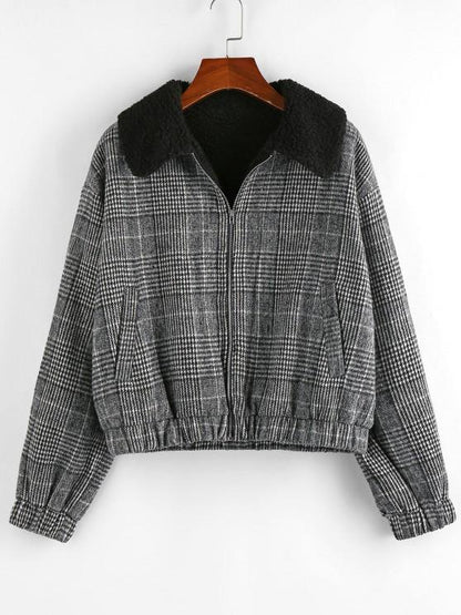 Houndstooth Plaid Teddy Lined Drop Shoulder Jacket - LuckyFash™