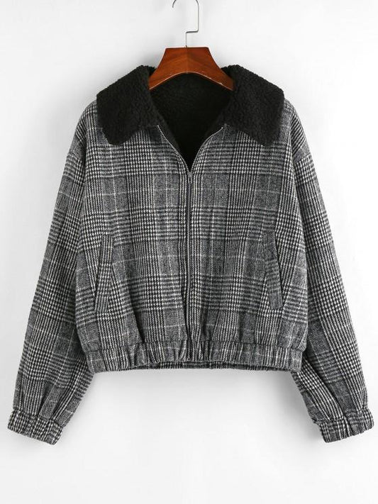 Houndstooth Plaid Teddy Lined Drop Shoulder Jacket - LuckyFash™