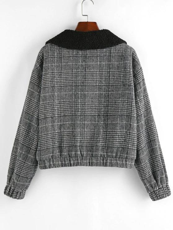 Houndstooth Plaid Teddy Lined Drop Shoulder Jacket - LuckyFash™