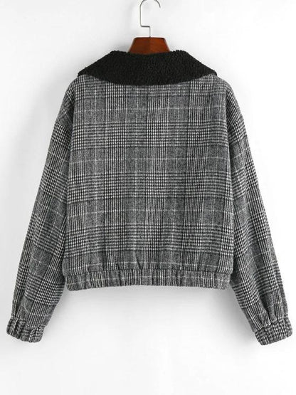 Houndstooth Plaid Teddy Lined Drop Shoulder Jacket - LuckyFash™