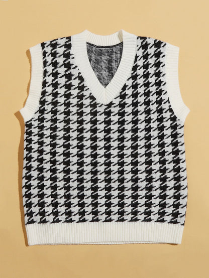 Houndstooth V Neck Sweater Vest - LuckyFash™