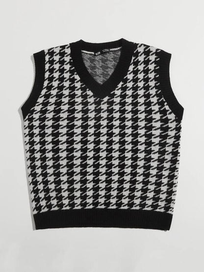 Houndstooth V Neck Sweater Vest - LuckyFash™