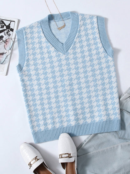 Houndstooth V Neck Sweater Vest - LuckyFash™