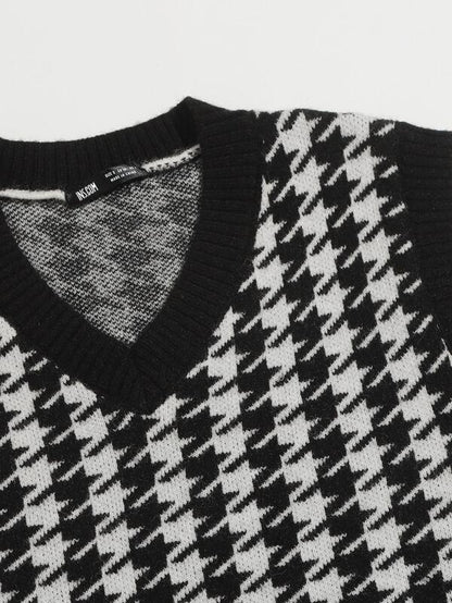 Houndstooth V Neck Sweater Vest - LuckyFash™