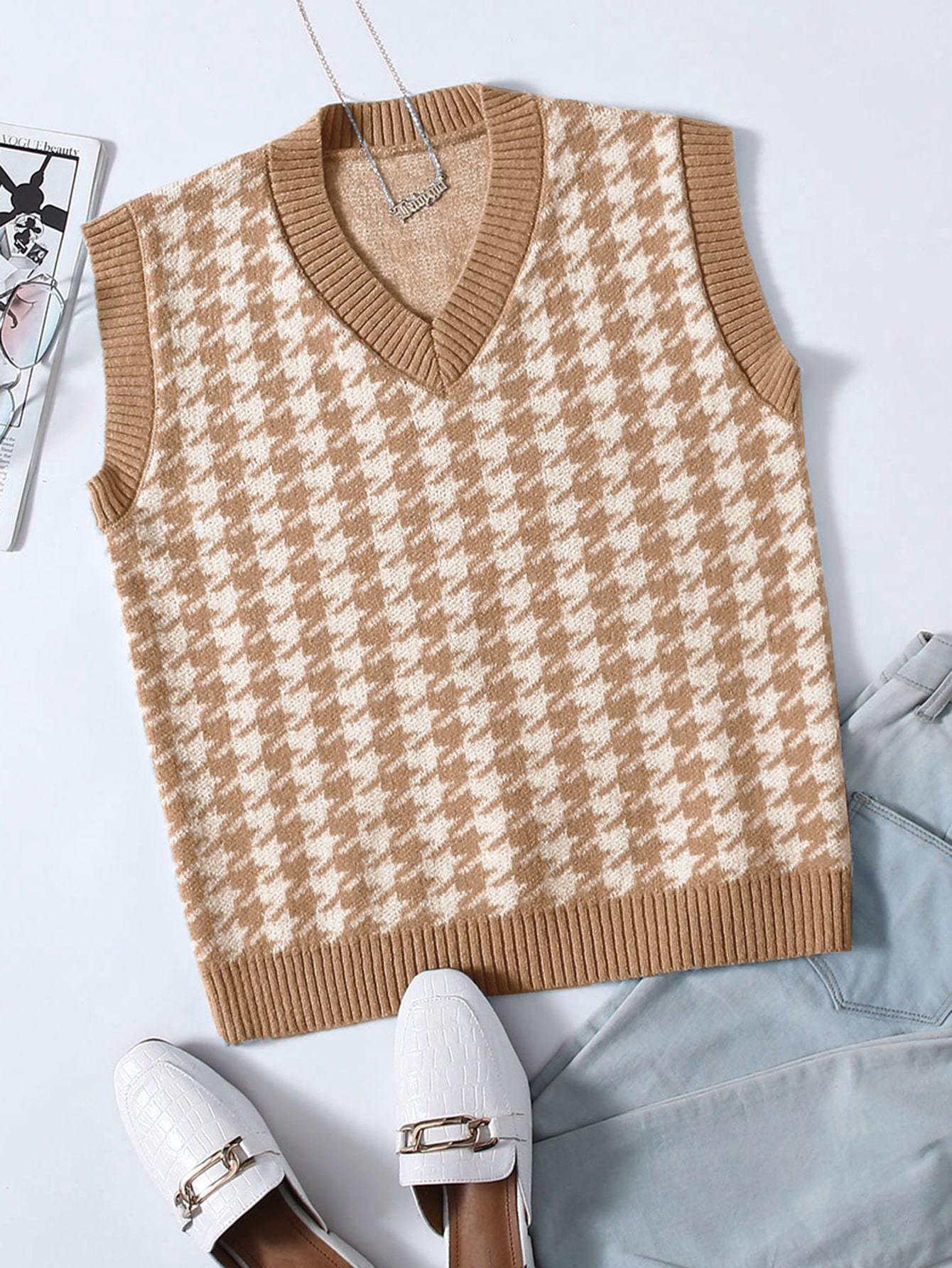 Houndstooth V Neck Sweater Vest - LuckyFash™