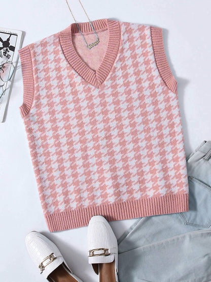 Houndstooth V Neck Sweater Vest - LuckyFash™