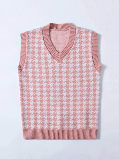 Houndstooth V Neck Sweater Vest - LuckyFash™