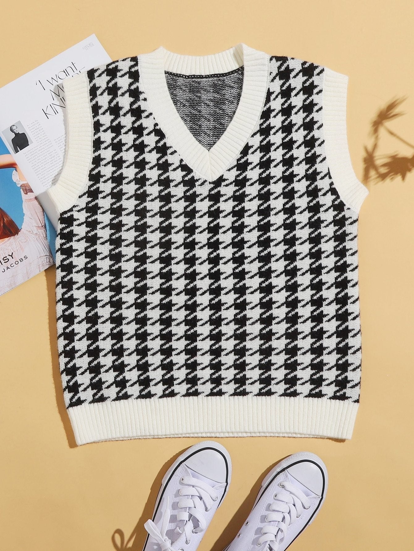 Houndstooth V Neck Sweater Vest - LuckyFash™