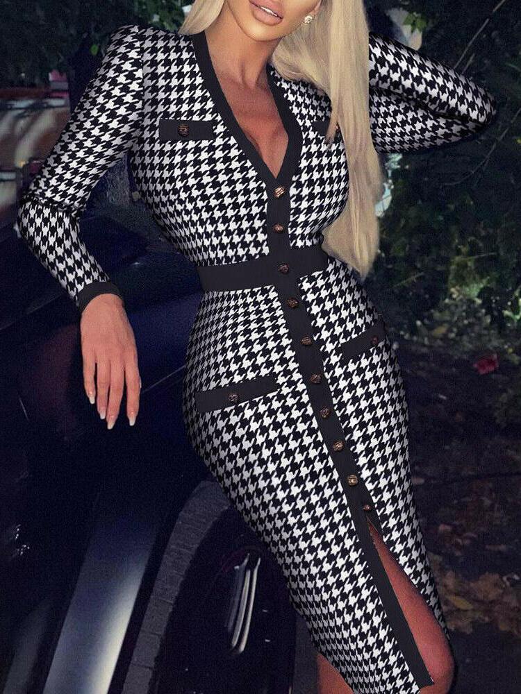 Houndstooth/Rhombus Print Long-sleeved V-neck Button Bodycon Dress - LuckyFash™