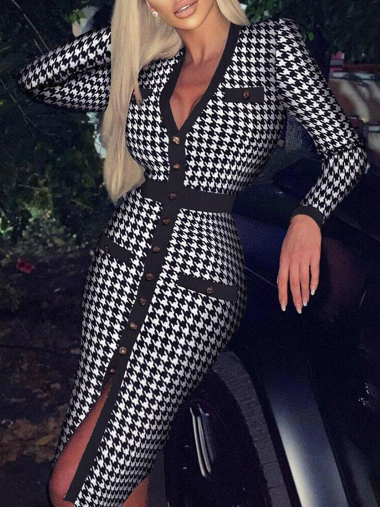 Houndstooth/Rhombus Print Long-sleeved V-neck Button Bodycon Dress - LuckyFash™