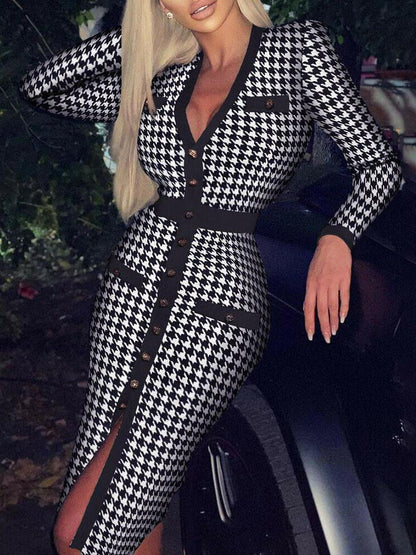 Houndstooth/Rhombus Print Long-sleeved V-neck Button Bodycon Dress - LuckyFash™