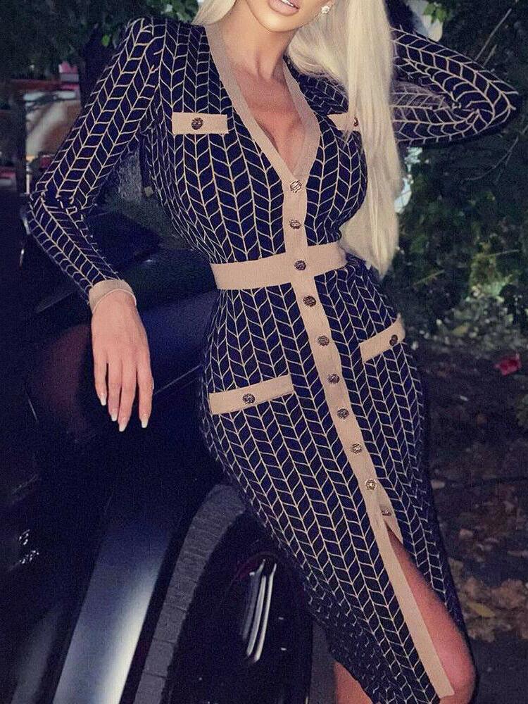 Houndstooth/Rhombus Print Long-sleeved V-neck Button Bodycon Dress - LuckyFash™