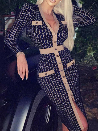 Houndstooth/Rhombus Print Long-sleeved V-neck Button Bodycon Dress - LuckyFash™