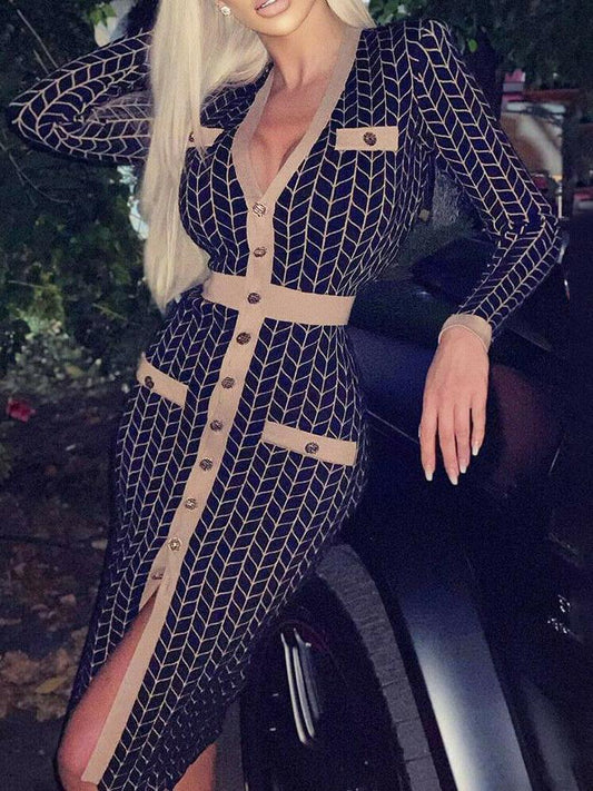 Houndstooth/Rhombus Print Long-sleeved V-neck Button Bodycon Dress - LuckyFash™