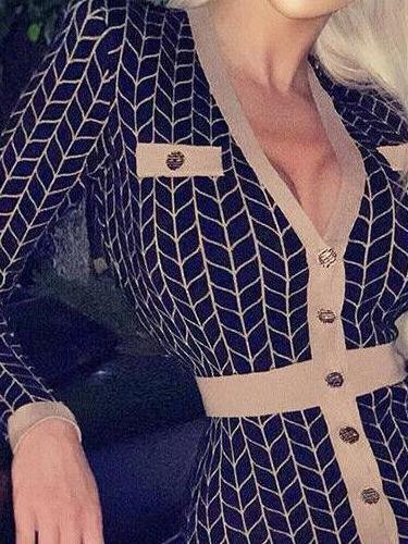 Houndstooth/Rhombus Print Long-sleeved V-neck Button Bodycon Dress - LuckyFash™