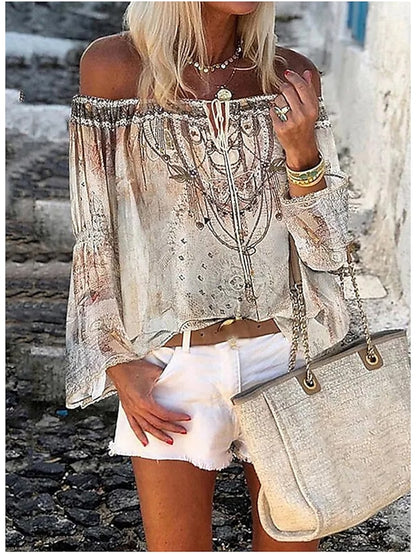 Women's Going Out Tops Tube Top Concert Tops Blue Beige Graphic Floral Long Sleeve Ethnic Boho Off Shoulder Regular S - LuckyFash™