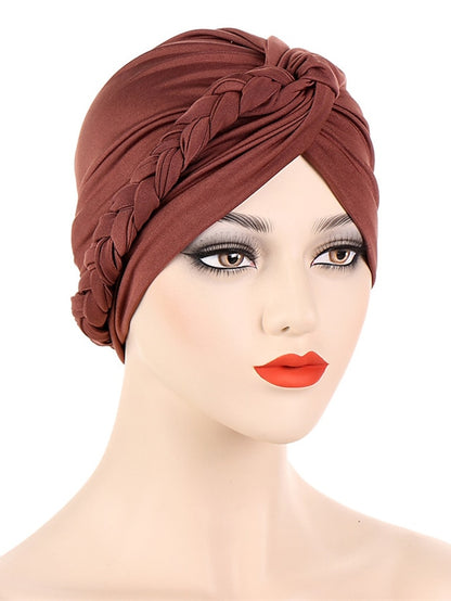 Women Lady Muslim Braid Head Turban Wrap Plain Color Islamic Arab Cap Hat Hair Loss Bonnet Beanies - LuckyFash™