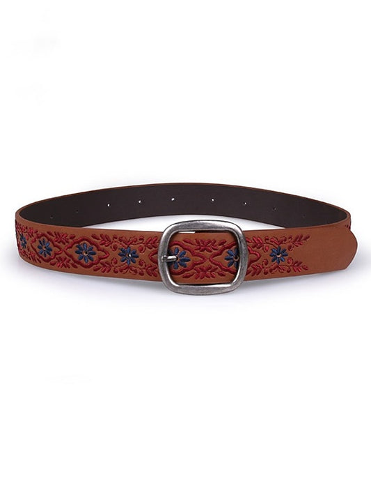 Women's PU Buckle Belt PU Leather Metal Bucke Flower Decor Casual Vintage Retro Work Daily Brown - LuckyFash™