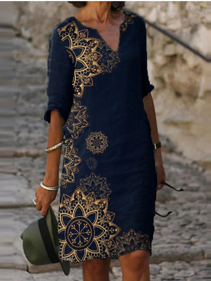 Women's Ethnic Dress Shift Dress Print Dress Midi Dress Black Royal Blue Blue Half Sleeve Floral Print Summer Spring V Neck Elegant 2023 S M L XL XXL - LuckyFash™