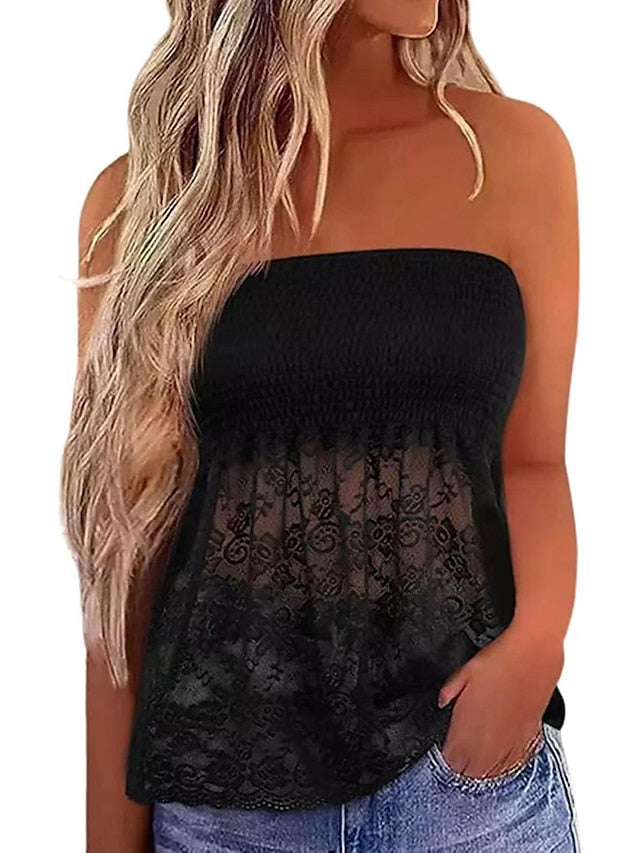 Bandeau Tube Top Black White Khaki Flag Leopard Lace Print Sleeveless Casual Holiday Basic Cold Shoulder Regular S for Women - LuckyFash™