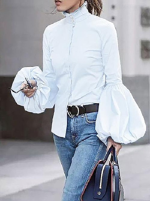 elegant turtleneck balloon sleeve work solid blouse - LuckyFash™