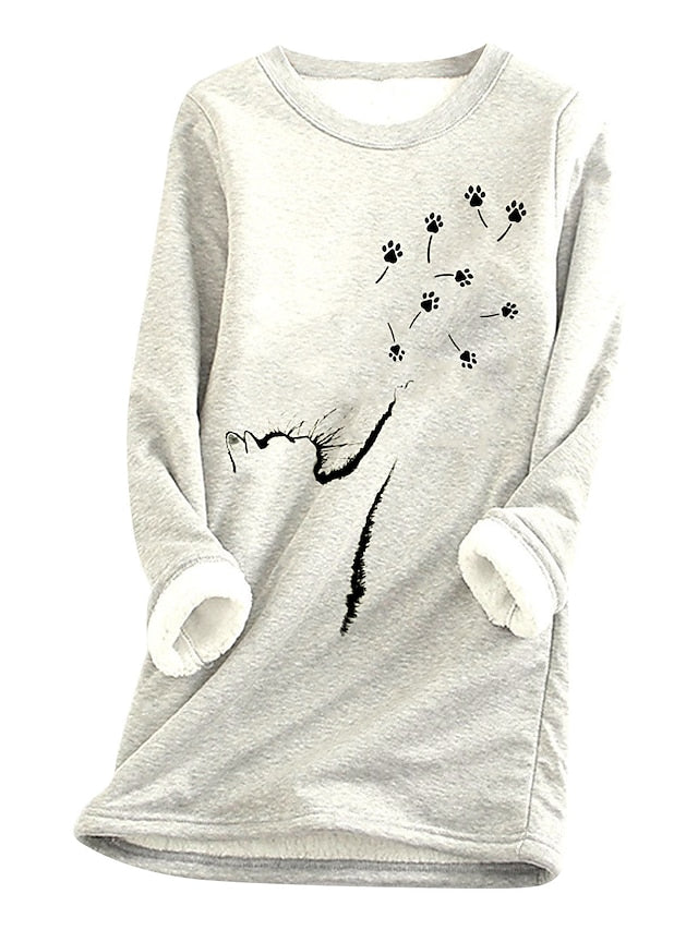 Women's Fleece Pullover Sweatshirt Wine Red West Red Black Animal Cat Print Long Sleeve Home Daily Basic Casual Sherpa Fleece Crew Neck Cotton L - LuckyFash™