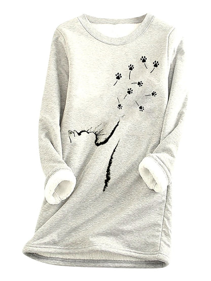 Women's Fleece Pullover Sweatshirt Wine Red West Red Black Animal Cat Print Long Sleeve Home Daily Basic Casual Sherpa Fleece Crew Neck Cotton L - LuckyFash™