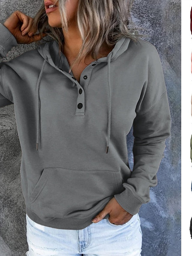 Hoodie Button Pocket Solid Colored Basic Hooded Standard Winter Wine Red Green Black Blue Pink for Women - LuckyFash™