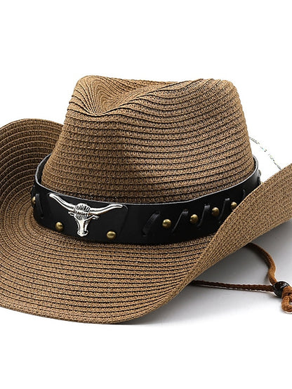 Ethnic Style Hat Cowboy Men Straw Panama Hat Belt Cow Decorate Wide Brimmed Hats For Summer Khaki Women Hat New Arrival - LuckyFash™