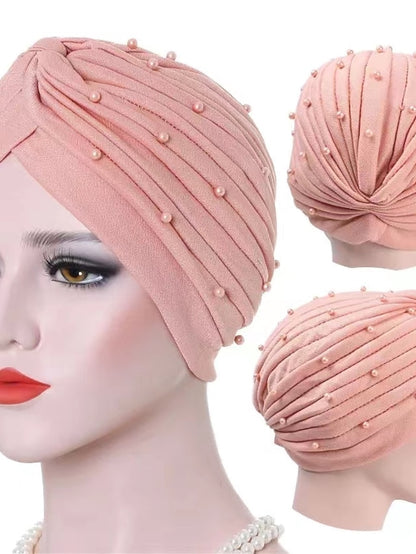 Boutique Solid Folds Pearl Muslim Turban Scarf Women Elastic Islamic Inner Hijab Caps Arab Wrap Head Femme Musulman Turbante - LuckyFash™