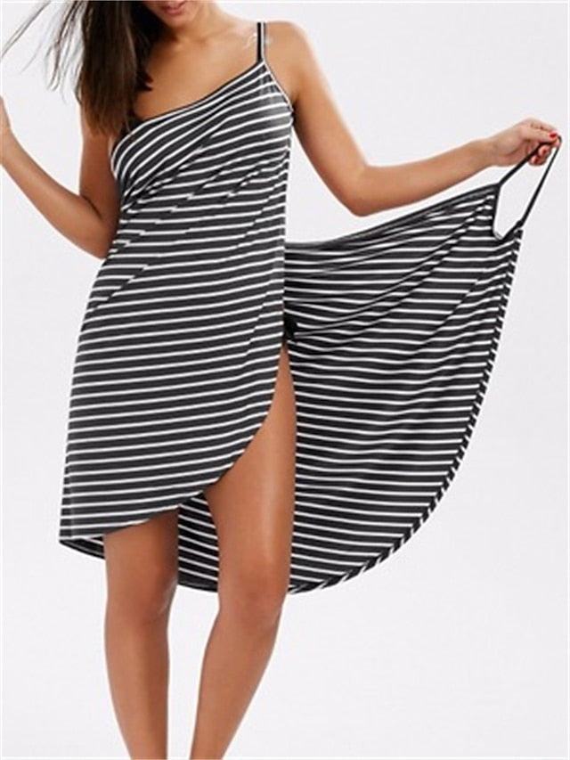 Women's Beach Dress Resort Wear Beach Wear Mini Dress Backless Fashion Casual Stripe Spaghetti Strap Sleeveless Loose Fit Outdoor Vacation Black White 2023 Summer Spring S M L XL - LuckyFash™