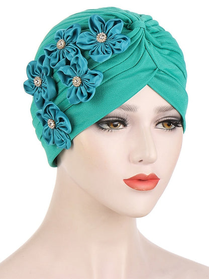 Elegant Women Five Flowers Turban Caps Muslim Elastic Crystal Party Headscarf Bonnet Ladies Hair Accessories Indian Cap - LuckyFash™