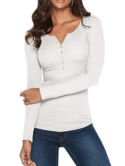 Women's Henley Shirt T shirt Tee Black White Yellow Plain Button Long Sleeve Casual Daily Basic Crew Neck Regular S - LuckyFash™