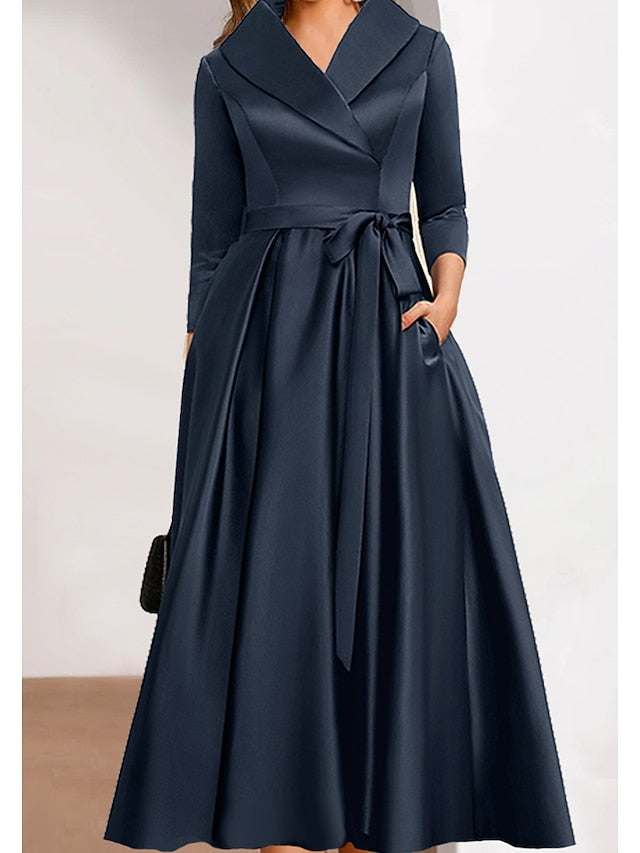 Womenâ€˜s Formal Party Dress Wedding Guest Dress Swing Dress Maxi Dress Navy Blue Long Sleeve Pure Color With Belt Winter Spring Shirt Collar Modern Winter Dress Fall Dress 2023 S M L XL 2XL 3XL - LuckyFash™
