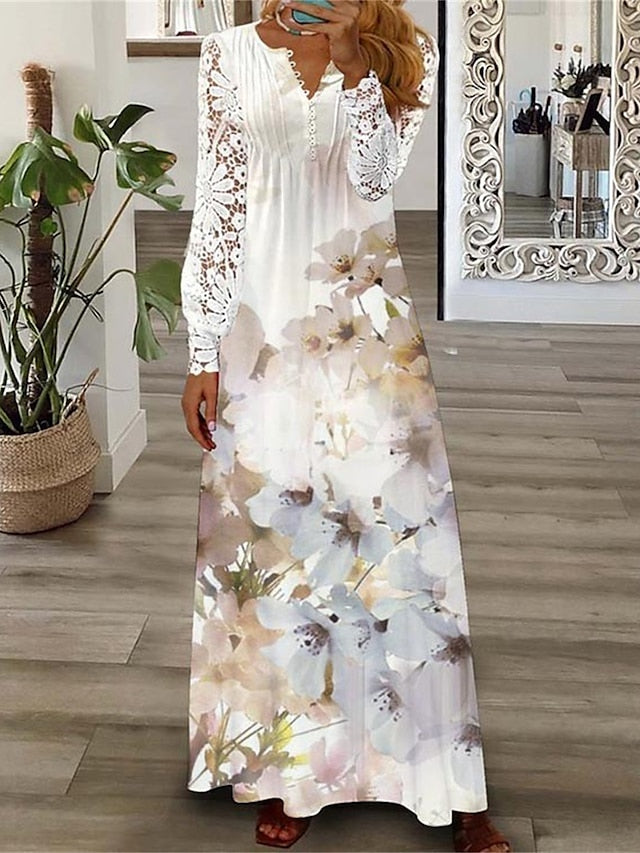 Women's Floral Butterfly Lace Dress Long Dress Maxi Dress Casual Dress A Line Dress Fashion Streetwear Outdoor Daily Going out Print Long Sleeve V Neck Dress Regular Fit Light Yellow Black White - LuckyFash™