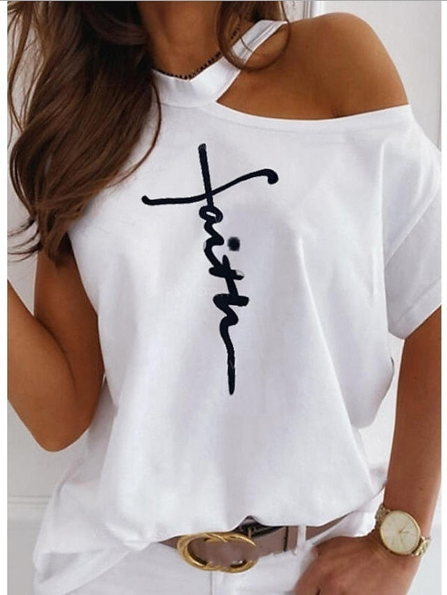 fronage womens short sleeve faith shirts cold shoulder tops casual summer graphic t-shirt (medium, beige) - LuckyFash™
