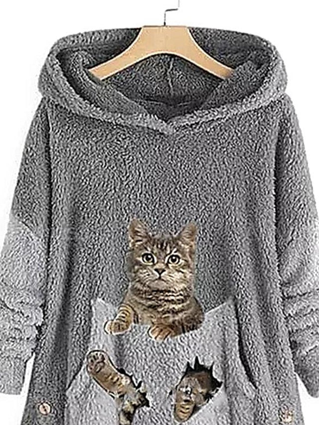 Fleece Hoodie Green Pink Grey Hooded Cat 3D Front Pocket Print Casual Streetwear 3D Print Fleece Active Fuzzy Clothing Apparel Hoodies Sweatshirts  / Fleece lined for Women - LuckyFash™
