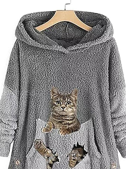 Fleece Hoodie Green Pink Grey Hooded Cat 3D Front Pocket Print Casual Streetwear 3D Print Fleece Active Fuzzy Clothing Apparel Hoodies Sweatshirts  / Fleece lined for Women - LuckyFash™