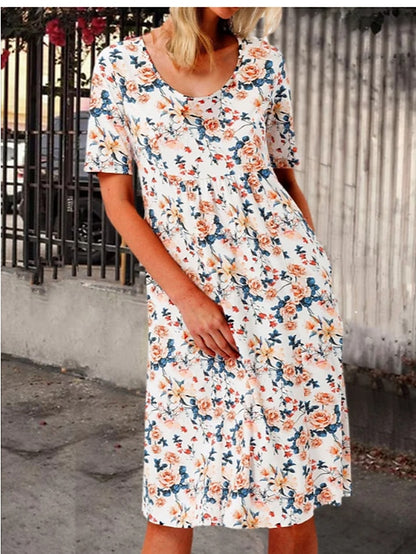 Women's Floral Dress Knee Length Dress Orange Red Short Sleeve Floral Pocket Print Spring Summer Crew Neck Casual 2022 M L XL XXL 3XL - LuckyFash™