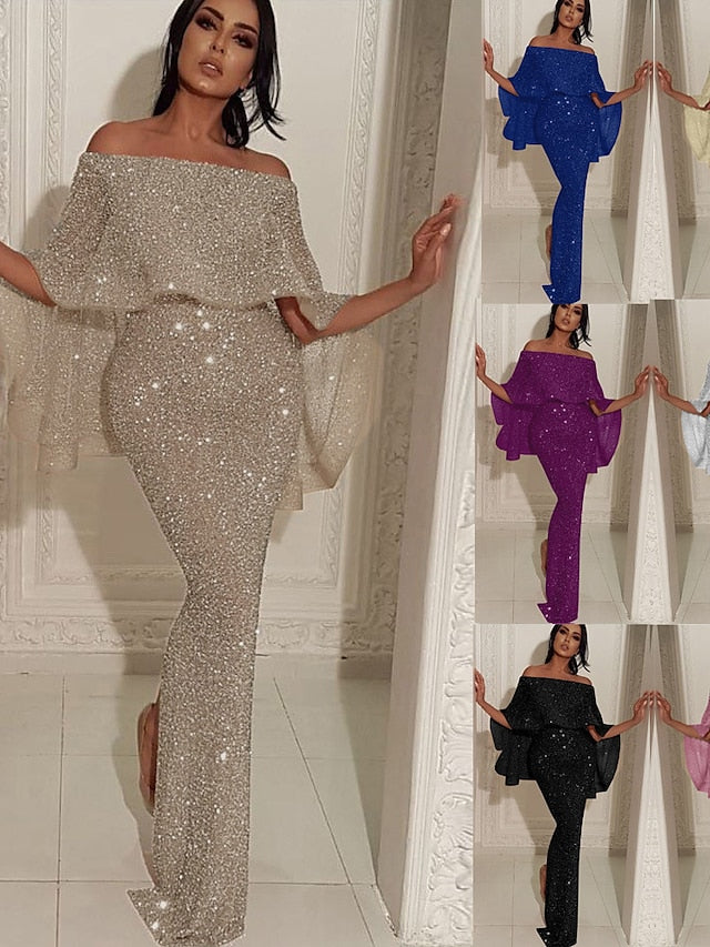 Formal Party Dress Cocktail Dress Long Dress Maxi Dress Silver Black Champagne Half Sleeve Pure Color Cold Shoulder Winter Fall Spring Off Shoulder Mature Evening Party Wedding for Women - LuckyFash™