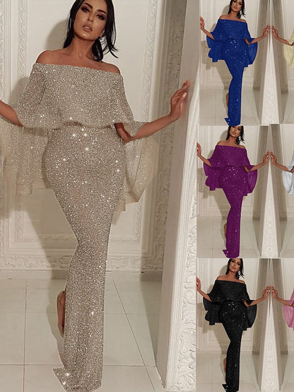 Formal Party Dress Cocktail Dress Long Dress Maxi Dress Silver Black Champagne Half Sleeve Pure Color Cold Shoulder Winter Fall Spring Off Shoulder Mature Evening Party Wedding for Women - LuckyFash™