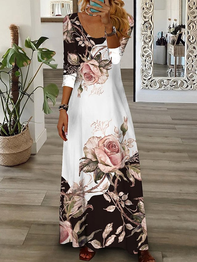 Women's Floral Crew Neck Long Dress Maxi Dress Casual Dress Print Dress Casual Outdoor Daily Weekend Print Long Sleeve Dress Regular Fit White Fall Spring S M L XL XXL - LuckyFash™