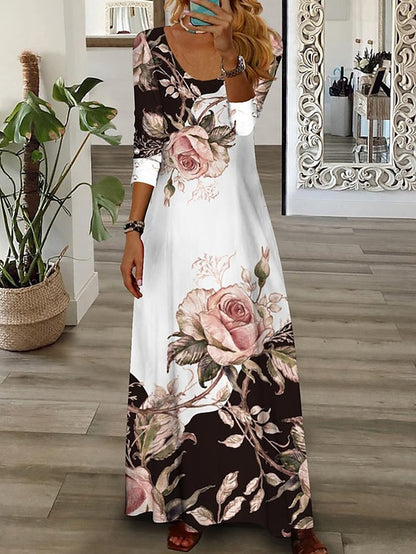 Women's Floral Crew Neck Long Dress Maxi Dress Casual Dress Print Dress Casual Outdoor Daily Weekend Print Long Sleeve Dress Regular Fit White Fall Spring S M L XL XXL - LuckyFash™