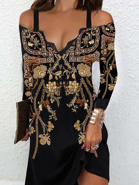 Ethnic Dress Sheath Dress Mini Dress Black Long Sleeve Floral Cold Shoulder Summer Spring V Neck Hot Winter Dress Fall Dress  S M L XL XXL 3XL for Women - LuckyFash™