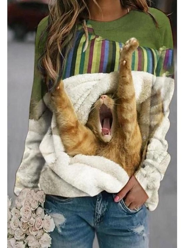 Hoodie Sweatshirt Cute Casual Red Green Beige Cat Dog Dailywear Round Neck Long Sleeve for Women - LuckyFash™