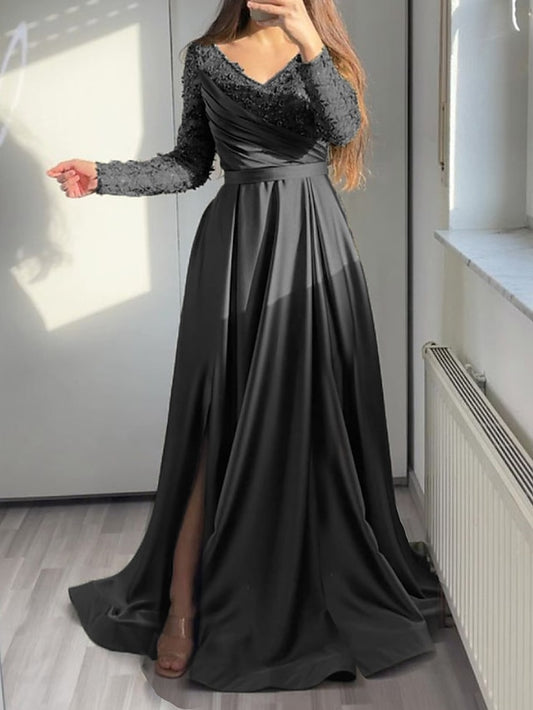 Womenâ€˜s Formal Party Dress Swing Dress A Line Dress Long Dress Maxi Dress Black Green Long Sleeve Pure Color Patchwork Winter Fall Spring V Neck Fashion Winter Dress Evening Party 2023 S M L XL 2XL - LuckyFash™