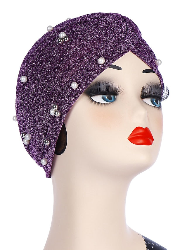 Fashion Women Turban Gold Shiny Hat for Lady Pearl Beading Bright Hat Indian Style Muslim Thin Head Wraps - LuckyFash™